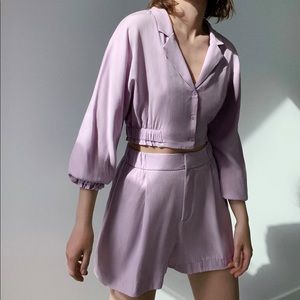Zara Flowy Cropped Lavender Top Button Up